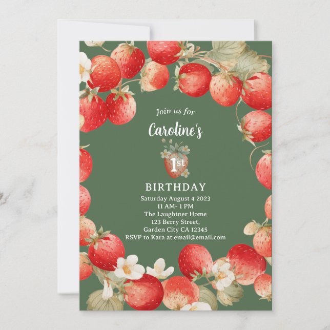 Strawberry Watercolor Berry First Girls Birthday Invitation (Front)