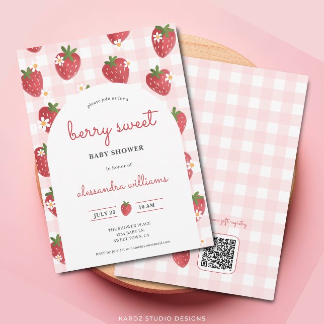 Strawberry Watercolor Berry Sweet Girl Baby Shower Invitation (Berry Sweet Invite shown in 5x7 inch, add details and URL for QR Code.)