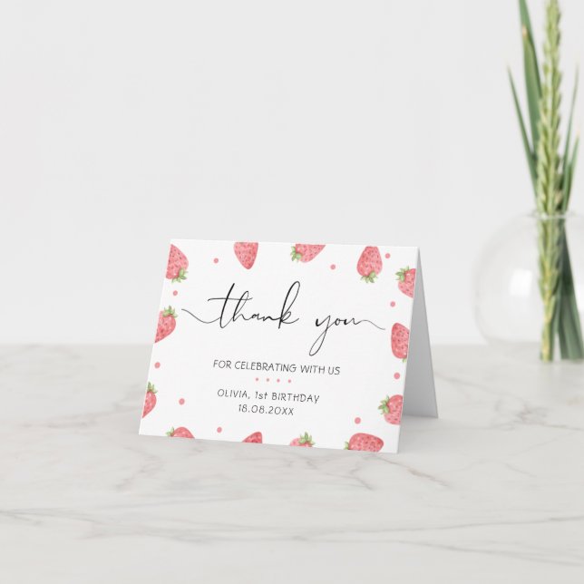 Strawberry Watercolor Berry Sweet Thank You Card (Front)