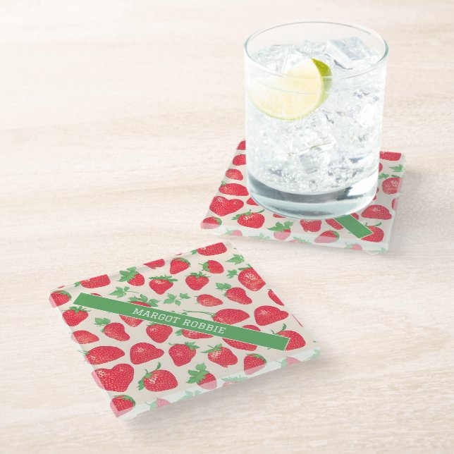 Strawberry Watercolor Colourful Pattern Glass Coaster (Angled)