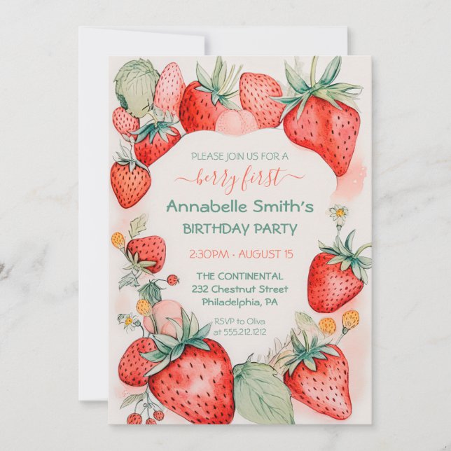 Strawberry Watercolor Cute Berry First Birthday Invitation (Front)