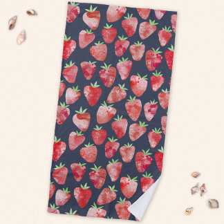 Strawberry Watercolor Fruit Dark Beach Towel