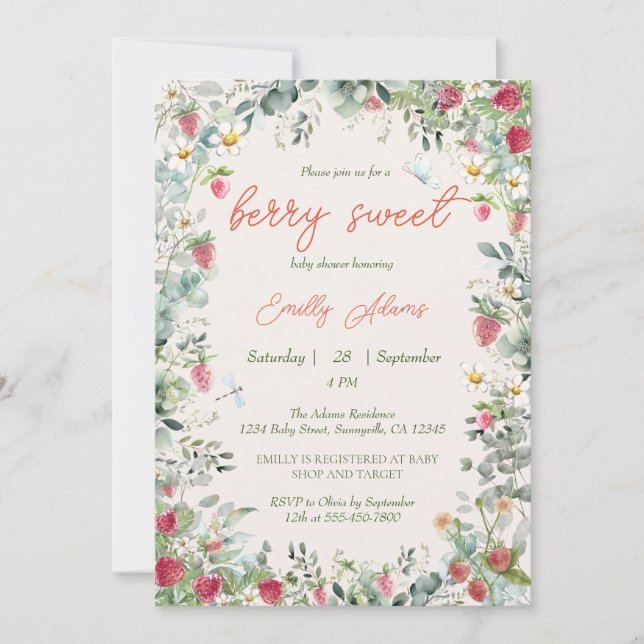 Strawberry Watercolor Gender Neutral Baby Shower Invitation (Front)