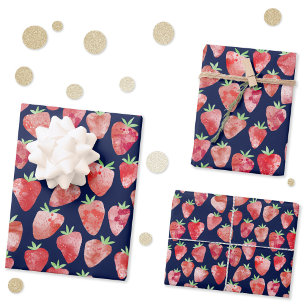 Strawberry Watercolor Navy Blue Wrapping Paper Sheet