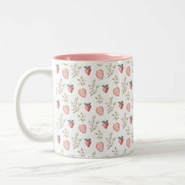 Strawberry Watercolor Pattern  Two-Tone Coffee Mug (Left)