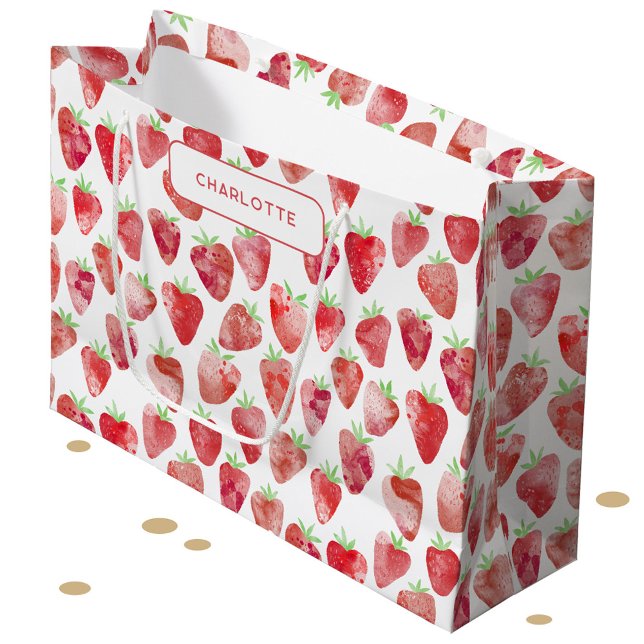 Strawberry Watercolor Personalised Large Gift Bag (Sweet strawberry watercolor pattern personalized name gift bag)