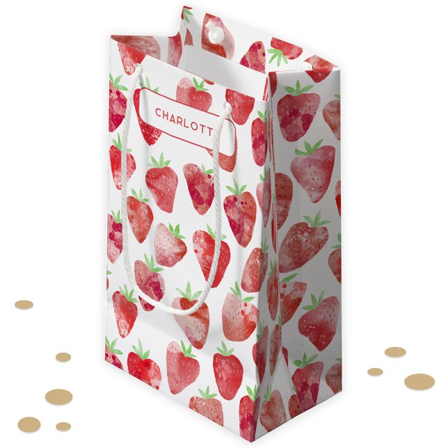 Strawberry Watercolor Personalised Small Gift Bag (Sweet strawberry watercolor pattern personalized name gift bag)