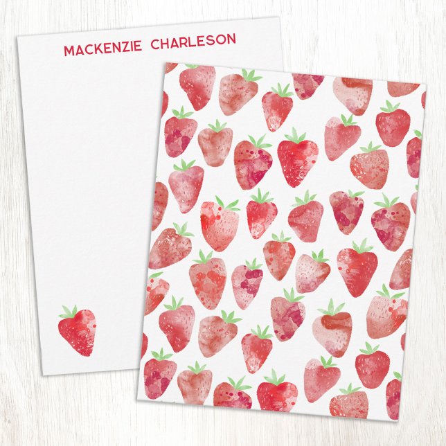 Strawberry Watercolor Personalized Card (Strawberry watercolor art pattern personalized custom name or text notecards)