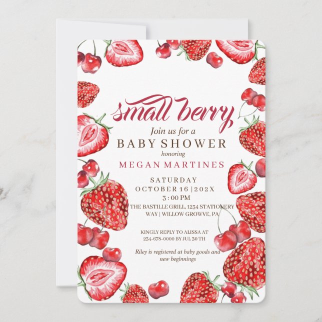 Strawberry  Watercolor  Script Girl Baby Shower  Invitation (Front)