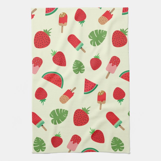 Strawberry, Watermelon and Popsicles Pattern  Tea Towel (Vertical)