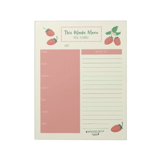 Strawberry Weekly Meal Grocery List Planner Notepad (Rotated)