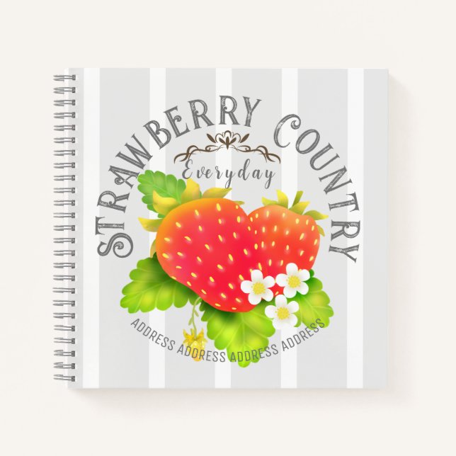 Strawberry White Grey Strips Design. Notebook (Front)