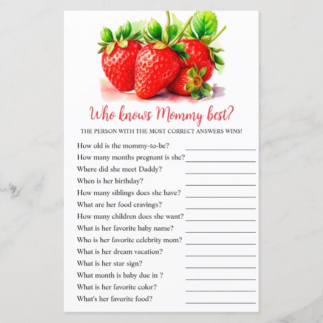 Strawberry "Who Knows Mummy Best" Baby Shower Game (Front)