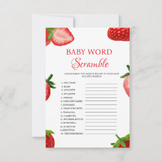 Strawberry word scramble baby shower game card