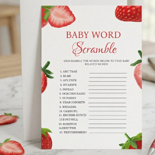 Strawberry word scramble baby shower game card