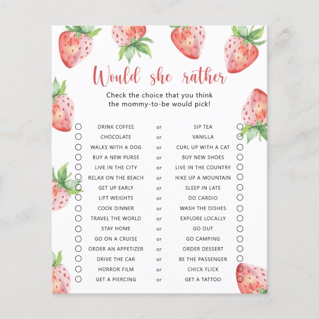 Strawberry / Would She Rather Baby Shower Game (Front)