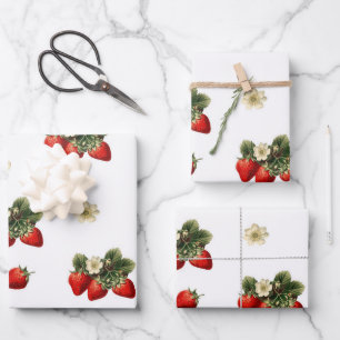 Strawberry wrapping paper with blossoms on white
