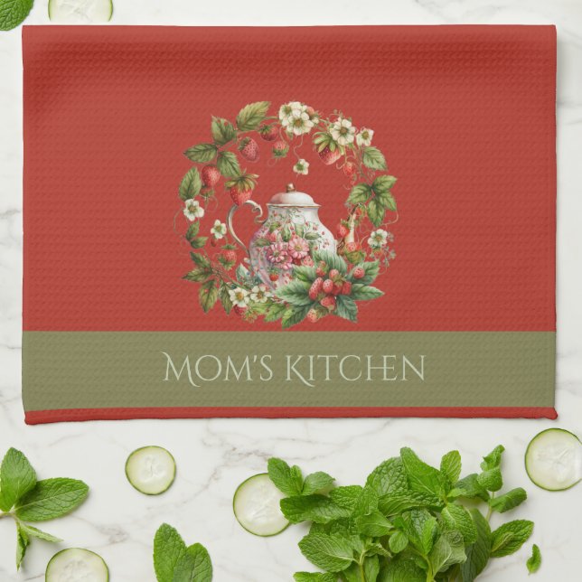 Strawberry Wreath and Tea Pot Mum's Kitchen Towel (Folded)