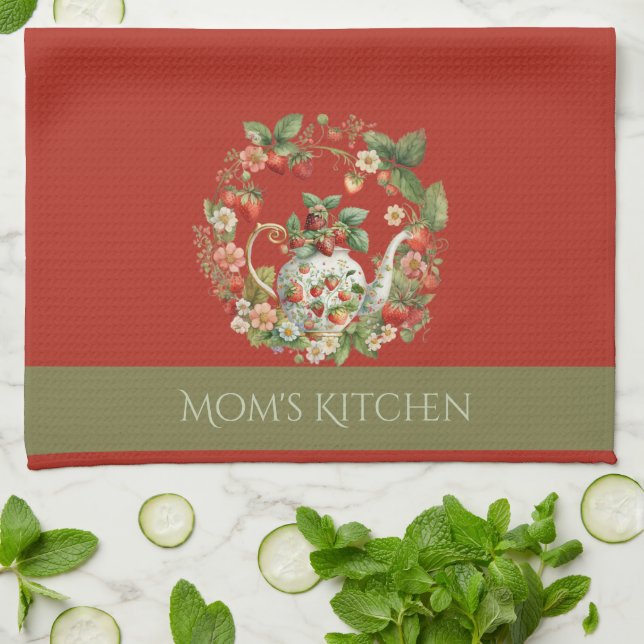 Strawberry Wreath and Tea Pot Mum's Kitchen Towel (Folded)