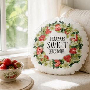 Strawberry Wreath Home Sweet Home Round Pillow