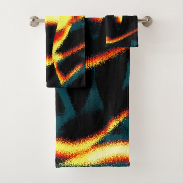 Streaks burnt yellow red looks terry, flawed spray bath towel set (Insitu)