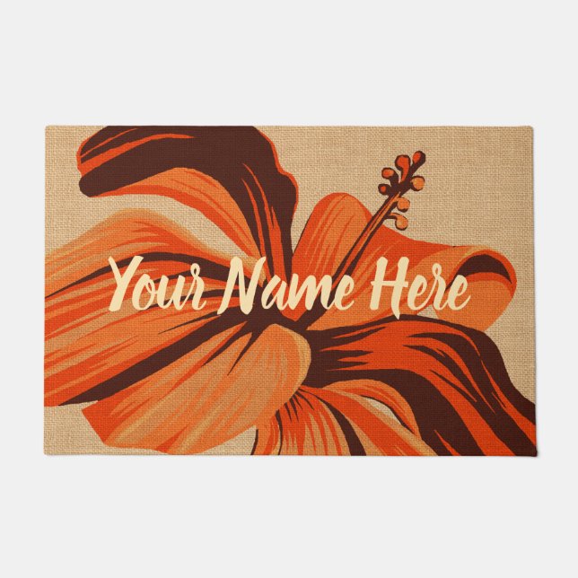 Streaky Hawaiian One Hibiscus Orange Monogram Doormat (Front)