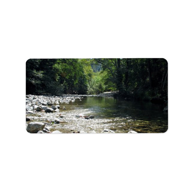 Stream flowing through trees label (Front)