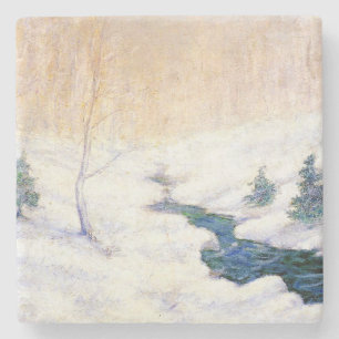 Stream in a Snowy Winter Landscape (Christmas Art) Stone Coaster