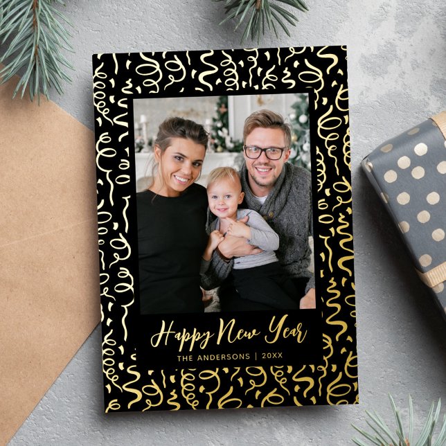 Streamers and Confetti Black Happy New Year Photo Foil Holiday Card (Creator Uploaded)