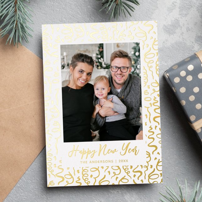 Streamers and Confetti Happy New Year Photo Foil Holiday Card (Creator Uploaded)