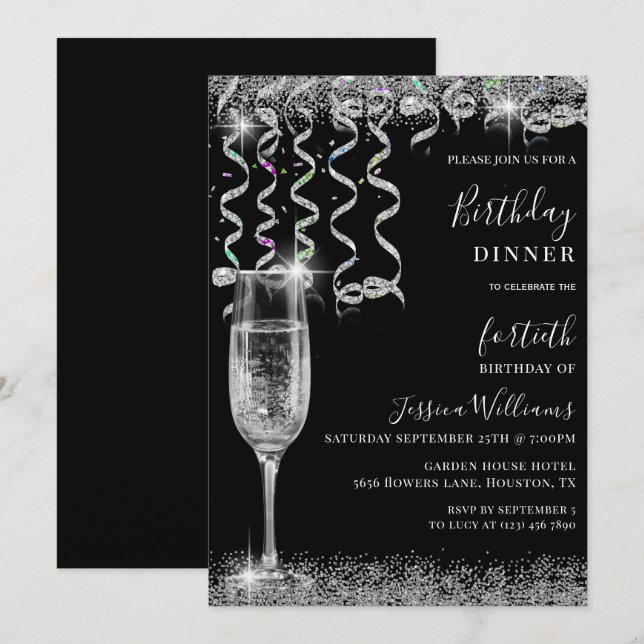Streamers & Sparkle Birthday Dinner Invitation (Front/Back)