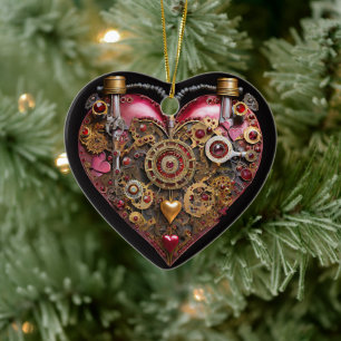 Streampunk Heart Ruby Valentine Ceramic Tree Decoration