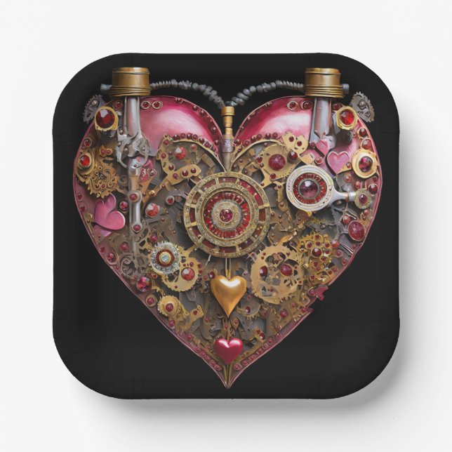 Streampunk Heart Ruby Valentine Paper Plate (Front)