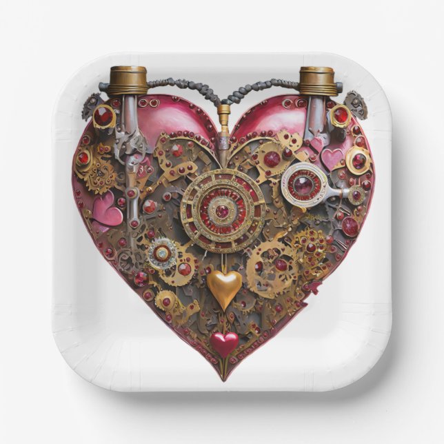 Streampunk Heart Ruby Valentine Paper Plate (Front)