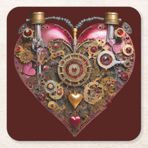 Streampunk Heart Ruby Valentine Square Paper Coaster
