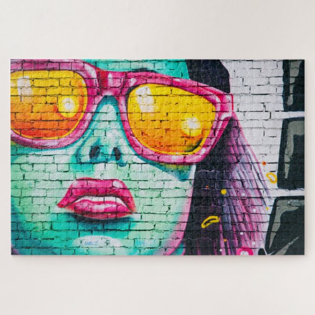 Street art of woman wearing pink sunglasses, jigsaw puzzle (Horizontal)