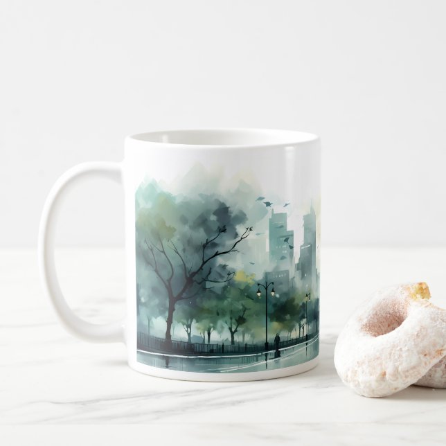 Street in The Morning Watercolor Style Coffee Mug (With Donut)