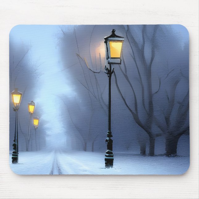 Street Lamps Glowing In Winter Wonderland Mouse Mat (Front)