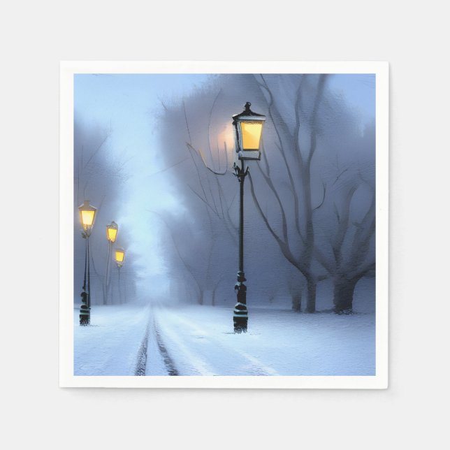 Street Lamps Glowing In winter Wonderland Napkin (Front)