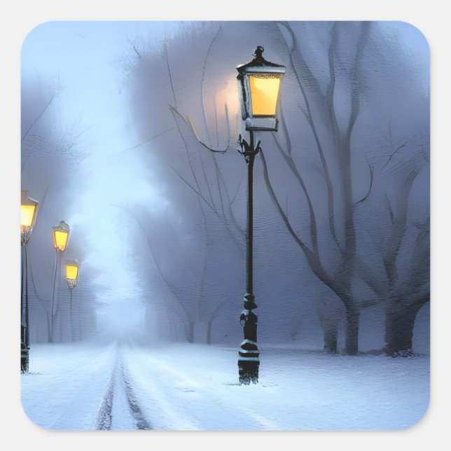 Street Lamps Glowing In winter Wonderland Square Sticker (Front)
