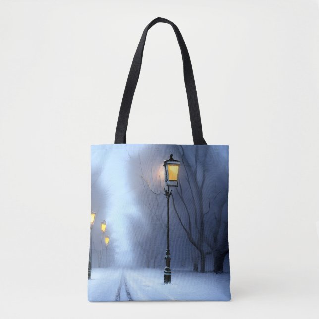 Street Lamps Glowing In Winter Wonderland Tote Bag (Front)