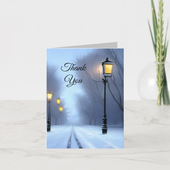 Street Lamps Glowing Winter Wonderland. Thank You Card (Front)