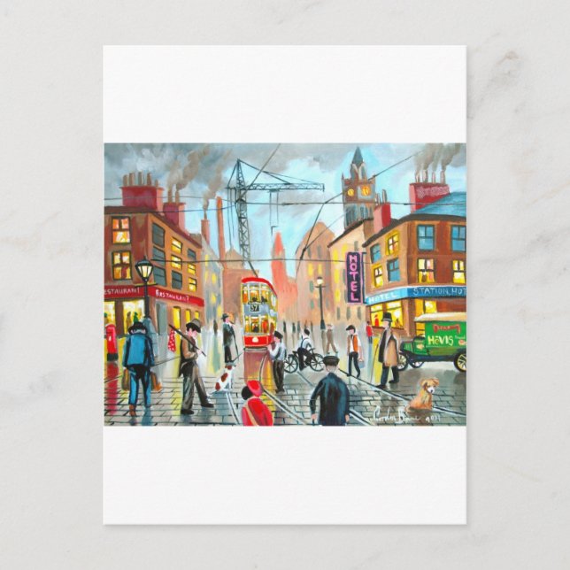 Street Life busy nostalgic tram city scape oil Postcard (Front)
