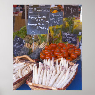 Street market merchant's stall with white poster