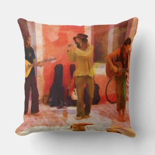 Street Musicians Playing Guitar Mandolin and Flute Cushion