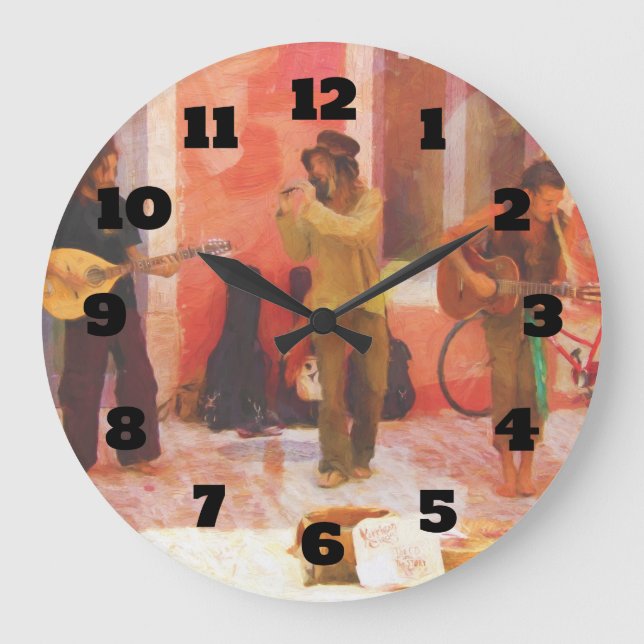Street Musicians Playing Guitar Mandolin and Flute Large Clock (Front)