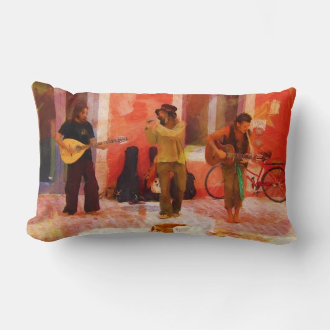 Street Musicians Playing Guitar Mandolin and Flute Lumbar Cushion (Front)