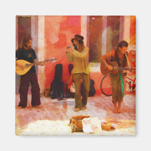 Street Musicians Playing Guitar Mandolin and Flute Magnet