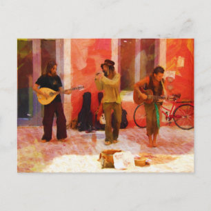Street Musicians Playing Guitar Mandolin and Flute Postcard
