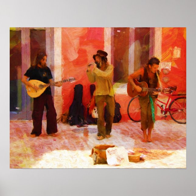 Street Musicians Playing Guitar Mandolin and Flute Poster (Front)